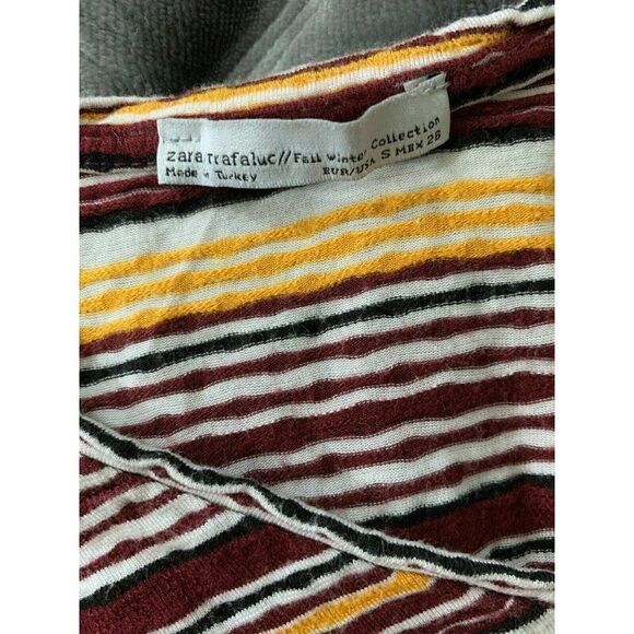 Zara Womens Yellow White Burgundy Striped V Neck Short Sleeve Top T Shirt Small - Picture 5 of 6